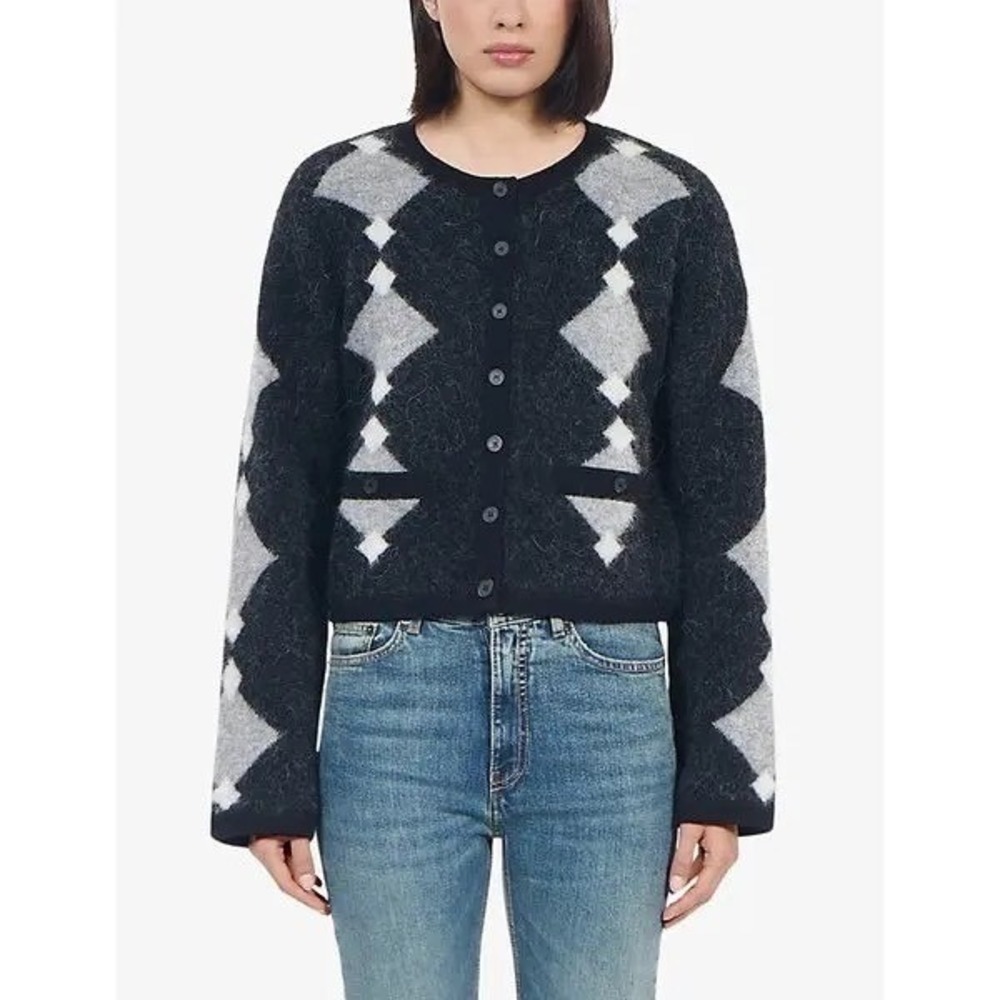 The Kooples NEW Diamond-Pattern Apalca Wool Blend Cardigan Black/Gray FR1/US Leg